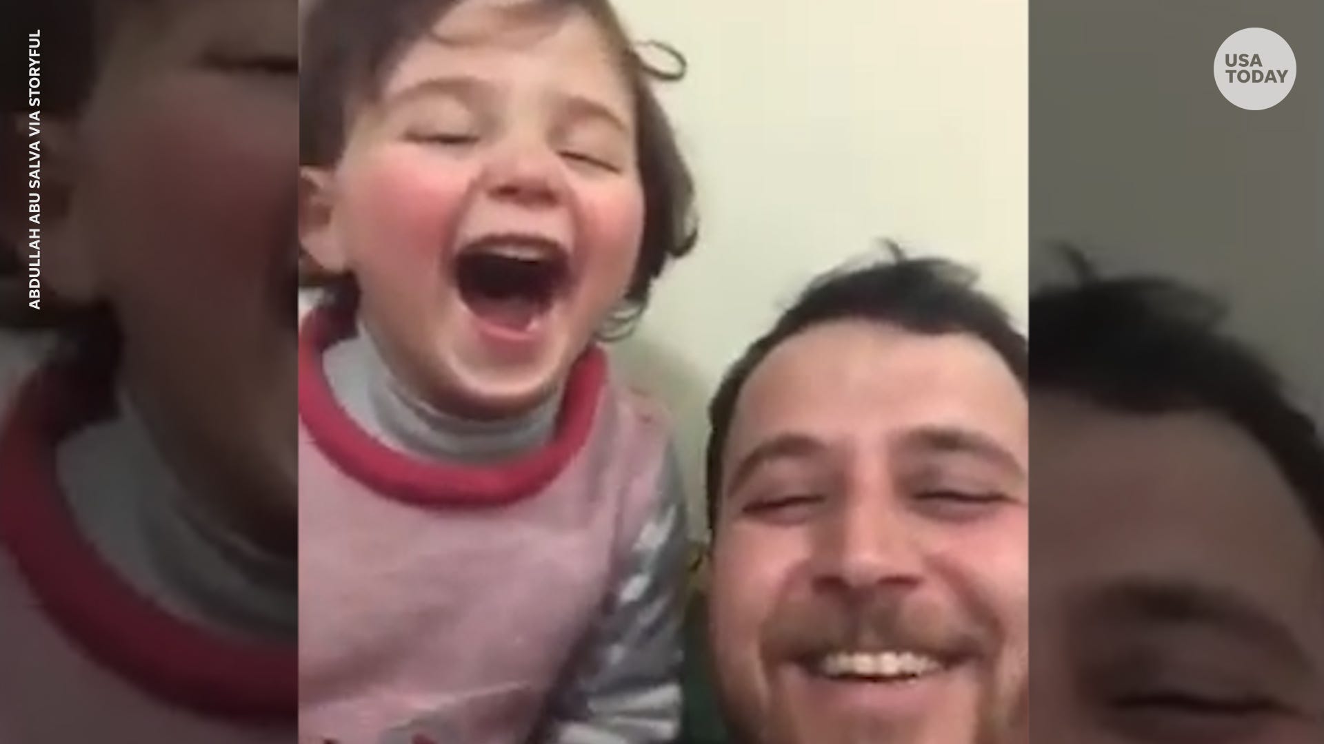 Syrian father calms daughter by teaching her to laugh at bomb sounds