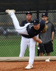 Tigers pitcher Spencer Turnbull throws in the bullpen.