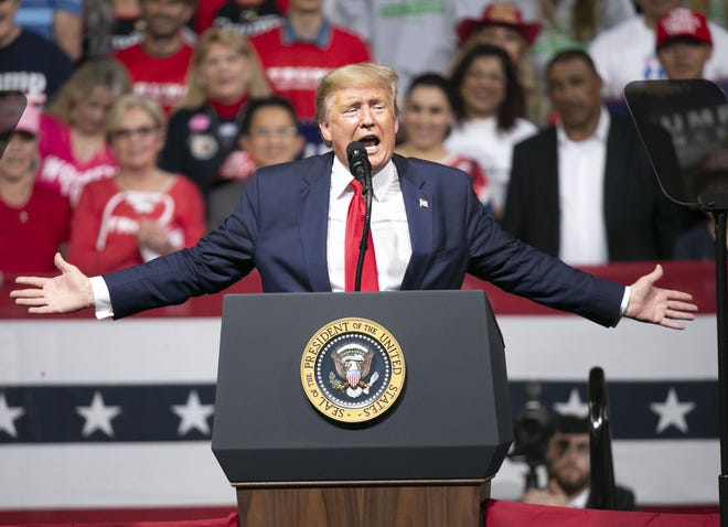 President Donald Trump speaks during a rally  at the Arizona Veterans Memorial Coliseum in Phoenix on Feb. 19, 2020.