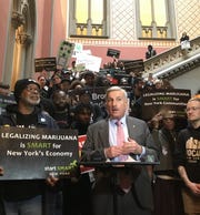 Assemblyman David Weprin, D-Queens, spoke at a rally in January 2020 at the state Capitol on the need to make sure revenue from marijuana sales goes back into communities of color.
