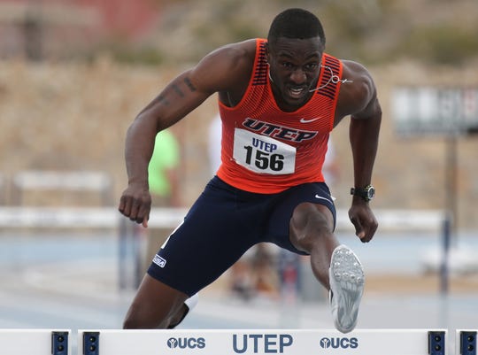 UTEP hurdler Shakeem Smith, shown here competing in the 2019 UTEP Springtime Invitational, holds the school record in the indoors 60-meter hurdles