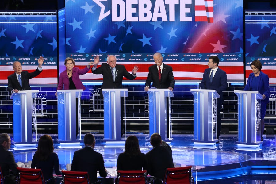 Six Democratic presidential candidates debate in Las Vegas on Feb. 19.