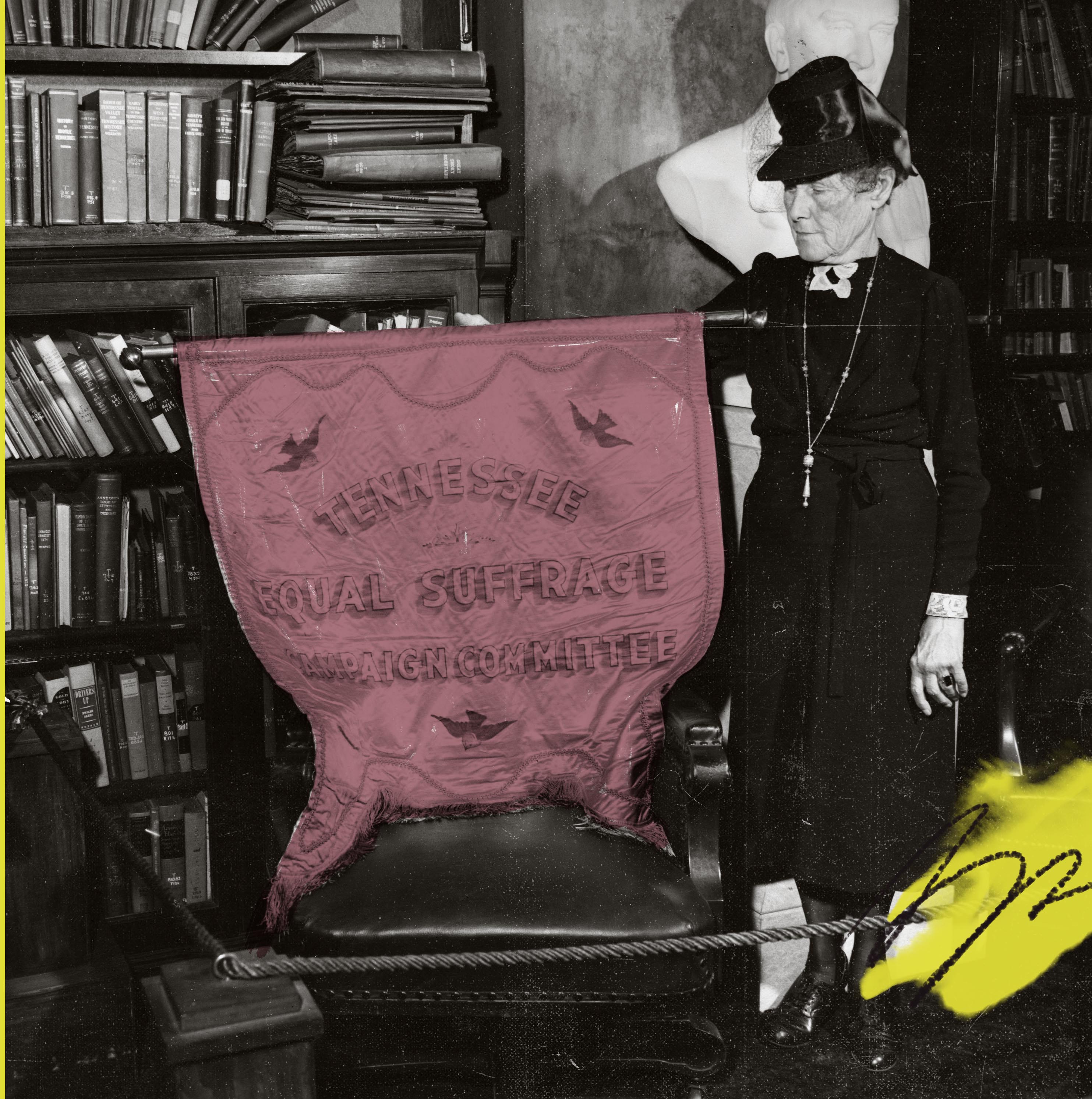 Jeanette Tillotson Acklen poses with the Tennessee suffrage flag in a Tennessean photo dated Jan. 18, 1948. Acklen marched behind the banner, which belonged to the Tennessee Equal Suffrage Association and was used in the session of the legislature in August 1920 when Tennessee became the 36th and deciding state to ratify the 19th Amendment.