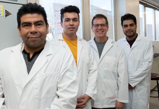 From left, Govinda Sapkota, Victor Velazquez-Martinez, Efren Delgado and Dante Rojas-Barboza stand in the new food microbiology lab at Gerald Thomas Hall on the New Mexico State University campus. Sapkota, Velazquez-Martinez and Rojas-Barboza are NMSU graduate students who are conducting research in the new lab under the guidance of Delgado, assistant food science and technology professor in the Department of Family and Consumer Sciences.
