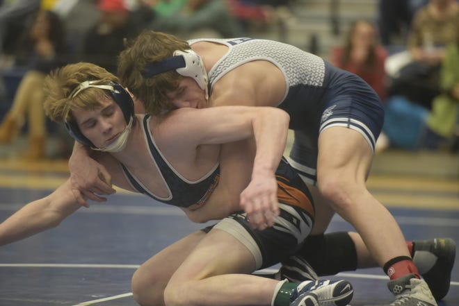 Dallastown's Brooks Gable digs in on Day One of the PIAA District 3 3A individual wrestling championships at Spring Grove High School on February 21, 2020.