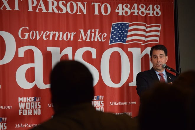 Former Wisconsin Gov. Scott Walker speaks to a crowd at a Lincoln Days reception for Missouri Gov. Mike Parson on Friday, Feb. 21, 2020 at University Plaza Hotel.