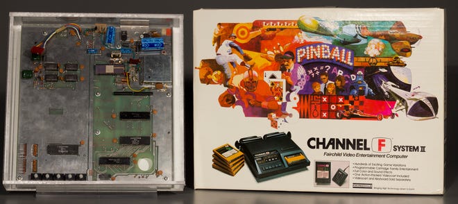 The Fairchild Camera and Instrument Corp.'s Channel F home video game system, the first to use interchangeable game cartridges, on display at The Strong Museum.