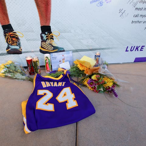 A Kobe Bryant jersey is displayed during a memoria