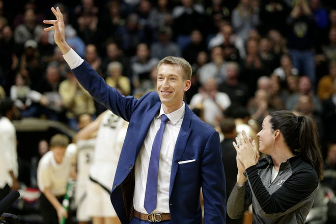 Purdue Intercollegiate Athletics Hall of Fame inductee Robbie Hummel during the first half of a NCAA men's basketball game, Saturday, Feb. 22, 2020 at Mackey Arena in West Lafayette.