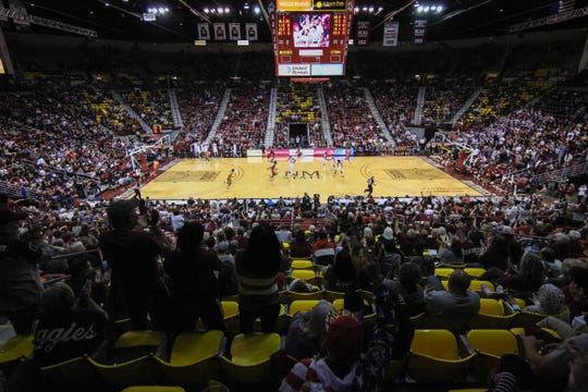 The New Mexico State Aggies face off against the University of Texas Rio Grande Valley Vaqueros at the Pan American Center in Las Cruces on Saturday, Feb. 22, 2020.