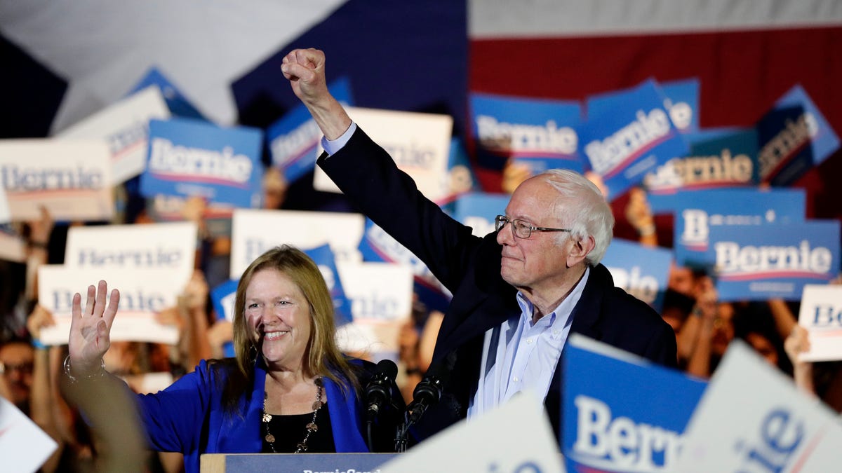 Democratic presidential candidate Sen. Bernie Sanders, I-Vt., right, with his wife Jane, speaks during a campaign event in San Antonio, Saturday, Feb. 22, 2020. (AP Photo/Eric Gay)