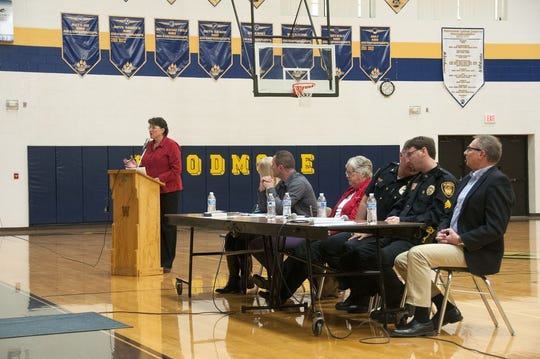 Two Villages' Jayne Klett spoke at the second meeting on opiate/heroin addiction and recovery at Woodmore High School in Elmore in 2016. Klett will be the facilitator for Sunday's Two Village's town hall meeting on childhood anxiety at Woodmore Elementary School. The meeting starts at 1 p.m.
