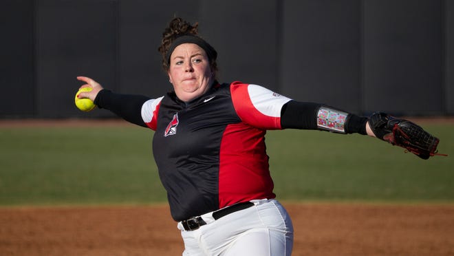 Ball State pitcher Alyssa Rothwell delivers to the plate during a BSU game against Western Kentucky on Saturday, Feb. 22, 2020. (AP Photo/James Kenney)