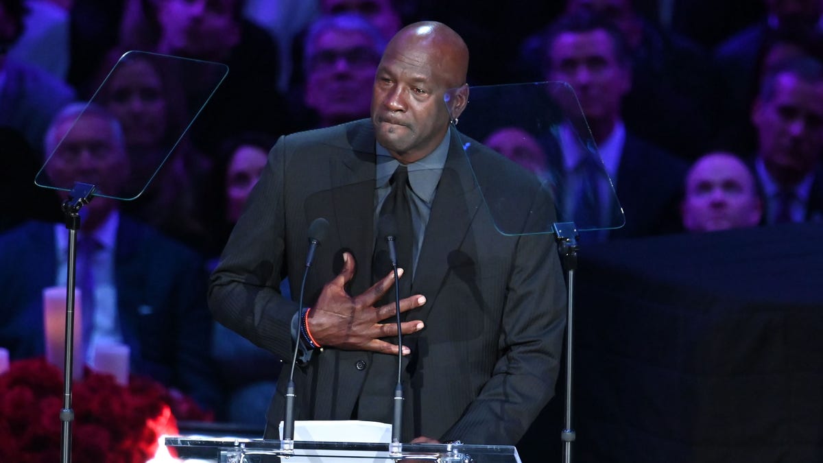 Kobe Bryant looked up to Michael Jordan, shown here during his speech at "The Celebration of Life" in Staples Center, just as young players looked up to Bryant.