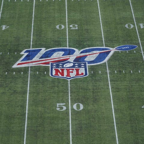 Detailed view of the NFL 100th Anniversary logo at
