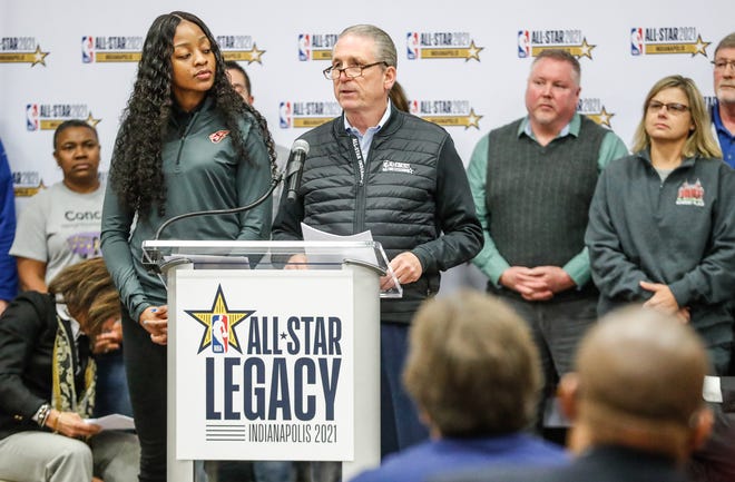 Indiana Fever player Stephanie Mavunga, left, and Rick Fuson, Pacers Sports & Entertainment President, and Chief Operating Officer, right, announce grant recipients of a $1 million dollars statewide legacy initiative in advance of the 70th NBA All-Star Game, at the Concord Neighborhood Center in Indianapolis, Thursday, Feb. 27, 2020. The 70th NBA All-Star Game will take place at Bankers Life Fieldhouse in Indianapolis, Feb. 14, 2021.