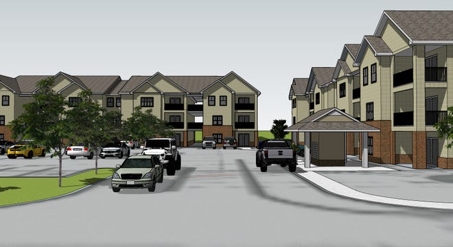 An artist's rendering of the entrance to Grace Cove Apartments proposed to be built in Medina just off Highway 45 East.