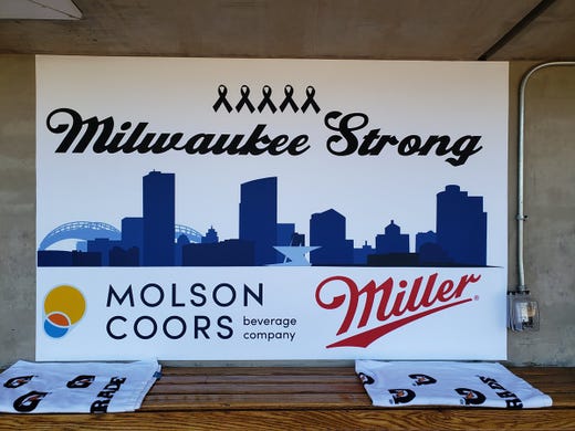 This banner in support of Molson Coors is hanging in the Brewers dugout for today's televised game. <a href="https://www.jsonline.com/news/special-reports/milwaukee-molson-coors-shooting/" target="_blank"><strong>COMPLETE COVERAGE</strong></a>