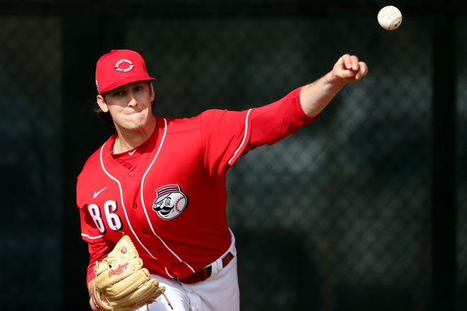 Cincinnati Reds non-roster invitee pitcher Nick Lodolo (86) delivers in the bullpen, Sunday, Feb. 23, 2020, at the baseball team's spring training facility in Goodyear, Ariz. 