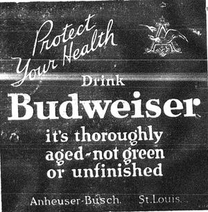 This Budweiser ad is from the July 19, 1923 Lancaster Daily Gazette.