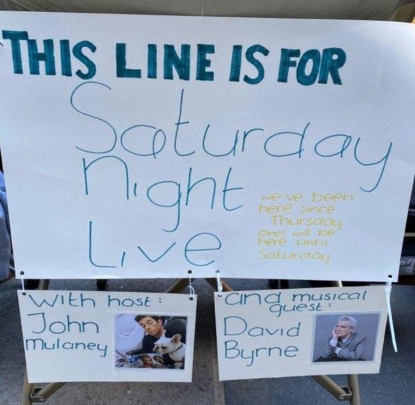 The sign signaling the start of the standby ticket line for Feb. 29's Saturday Night Live show.