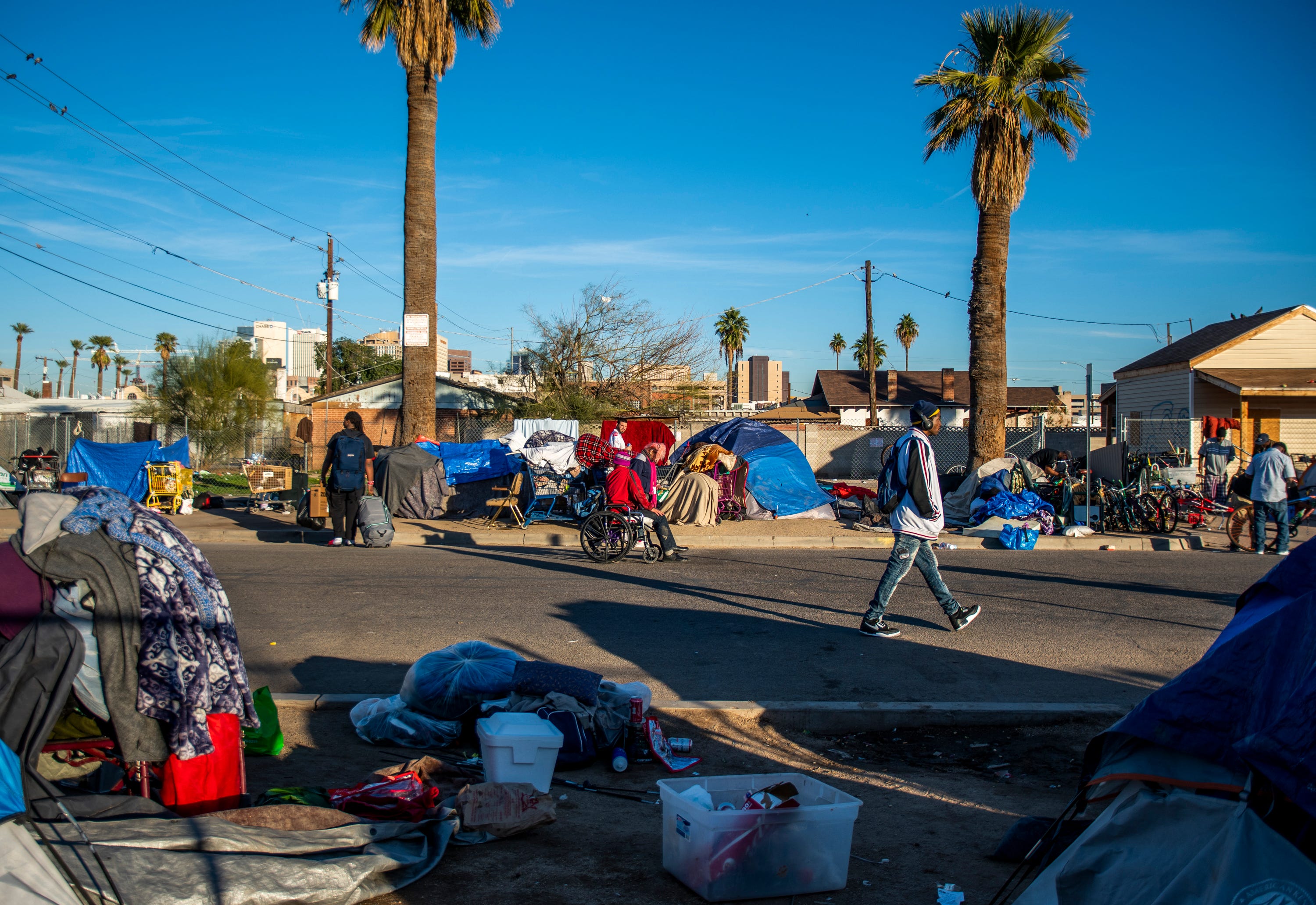 Tents housing people experiencing homelessness are seen near downtown Phoenix in early 2020.