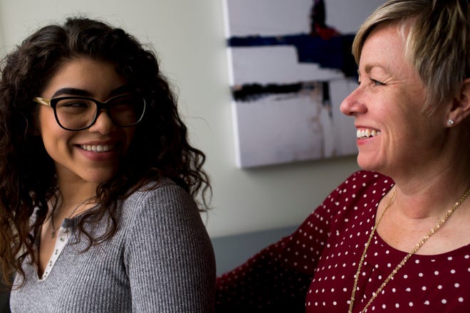 New Pathways for Youth member Michelle Zamudio (left) and CEO of the program Christy McClendon (right) pose for a portrait at the nonprofit's facility in Phoenix on Feb. 28, 2020.