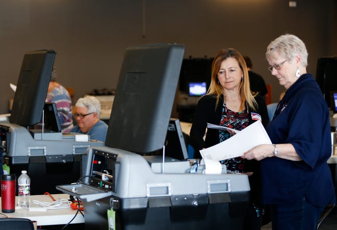 Joan Gentry (right) and Caroline Bond insert test ballots into a voting machine to makes sure it is tabulating votes properly at the Greene County Elections Center on Friday, Feb. 28, 2020.