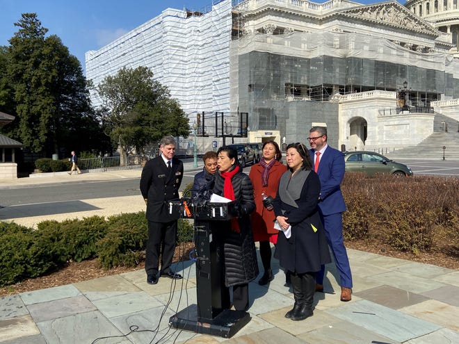 Reps. Judy Chu, Grace Meng, and Barbara Lee speak to reporters about xenophobia and the coronavirus response
