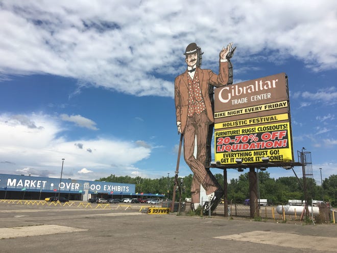 A smaller version of the outdoor sign for the Gibraltar Trade Center was bought on Facebook Marketplace.