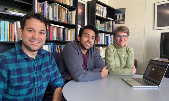 From left: Wladimir Lyra, assistant professor of astronomy, Ali Hyder, Ph.D. student, and Nancy Chanover, astronomy professor and principal investigator of a three-year, $283,800 grant from NASA’s New Frontiers Data Analysis Program to analyze infrared images and spectra of Jupiter's atmosphere. (NMSU photo by )
