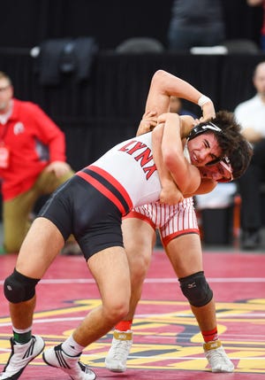 Brandon Valley's Damion Schunke and Chamberlain's Jasiah Thompson compete in the class A-152 state wrestling semifinals on Friday, Feb. 28, at the Denny Sanford Premier Center in Sioux Falls.