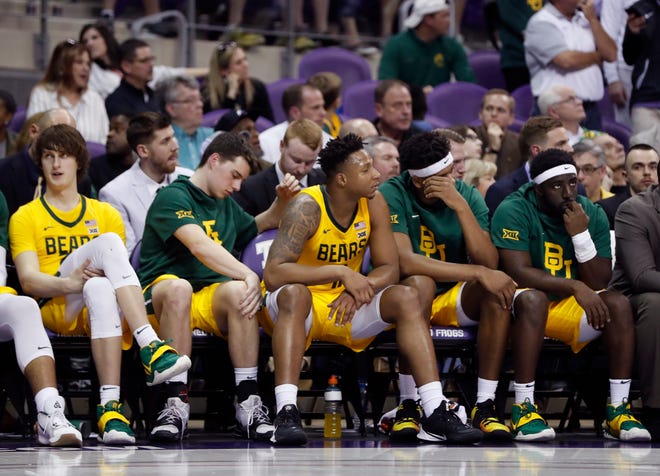 The Baylor Bears bench reacts in the second half against the TCU Horned Frogs at Ed and Rae Schollmaier Arena.