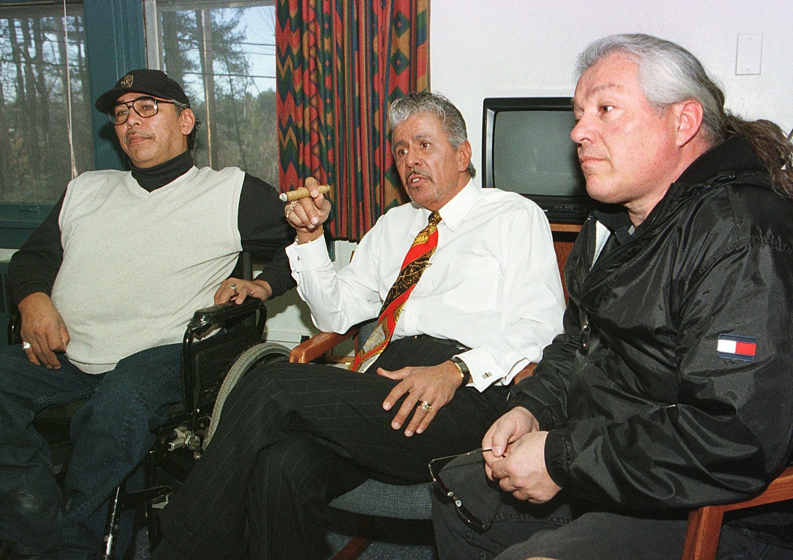 Members of the Menominee Warrior Society, from left, Royal Warrington,  Apesanahkwat and Ken Fish, recount their takeover of the Alexian Brothers Novitiate on Jan. 1, 1975 during a 1999 interview.