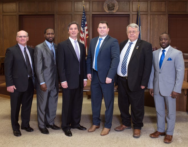 The Ouachita Parish Police Jury is, from left: Larry Bratton, District C; Lonnie Hudson, District F; Shane Smiley, District E; Scotty Robinson, District A; Jack Clampit, District B; and Michael Thompson, District D.