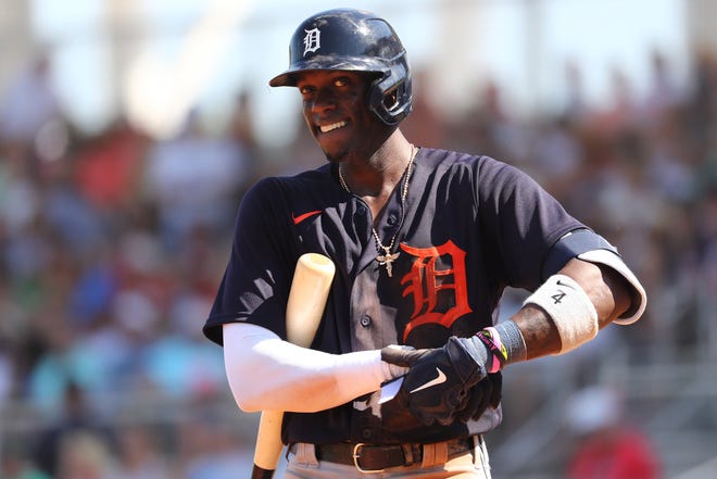 Tigers right fielder Cameron Maybin looks at the bat during the fifth inning against the Boston Red Sox, Wednesday, March 4, 2020, at JetBlue Park in Fort Myers, Florida.