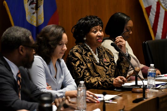 From left, City council member James Tate and president pro tem Mary Sheffield listen while president Brenda Jones addresses a public hearing regarding overtaxation of homeowners at the Coleman A. Young Municipal Center in Detroit on Mar. 3, 2020.