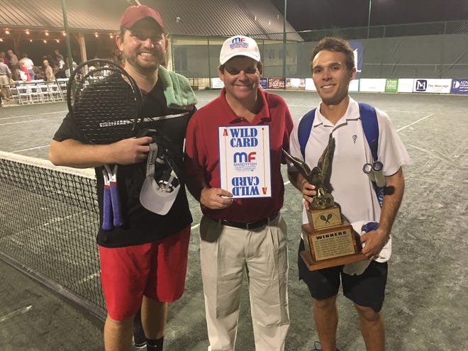 From left, King of the Hill runner-up Andrew Butz, Mardy Fish Children’s Foundation Tennis Championships tournament director Randy Walker and King of the Hill champion Chase Perez-Blanco pose with their hardware after the King of the Hill tennis competition concluded Tuesday, March 3, 2020.