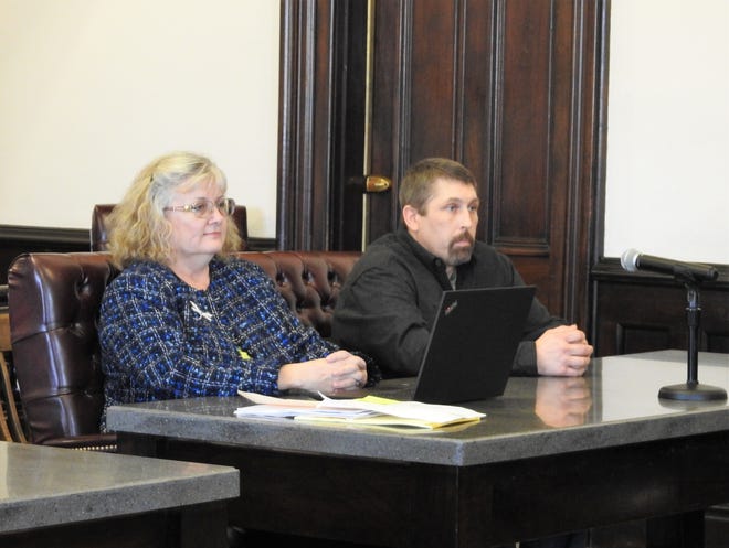 Assistant Public Defender Marie Seiber with client Branden A. Russell of West Lafayette in Coshocton County Common Pleas Court. Russell received 11 months in prison for possession of LSD, a fifth-degree felony.