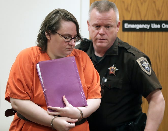Nicole Gussert, 39, of Appleton, is sentenced Thursday, March 5, 2020, at the Outagamie County Justice Center in Appleton, Wis. Gussert was convicted of neglecting a child causing death in connection with the death of her daughter, Brianna Gussert, 13, who had disabilities that left her entirely dependent on others for care. Brianna died primarily of sepsis after being left alone in her bedroom for days in 2017.