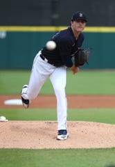 Tigers pitcher Casey Mize throws a pitch during the first inning against the Yankees on Thursday, March 5, 2020, at Publix Field at Joker Marchant Stadium.
