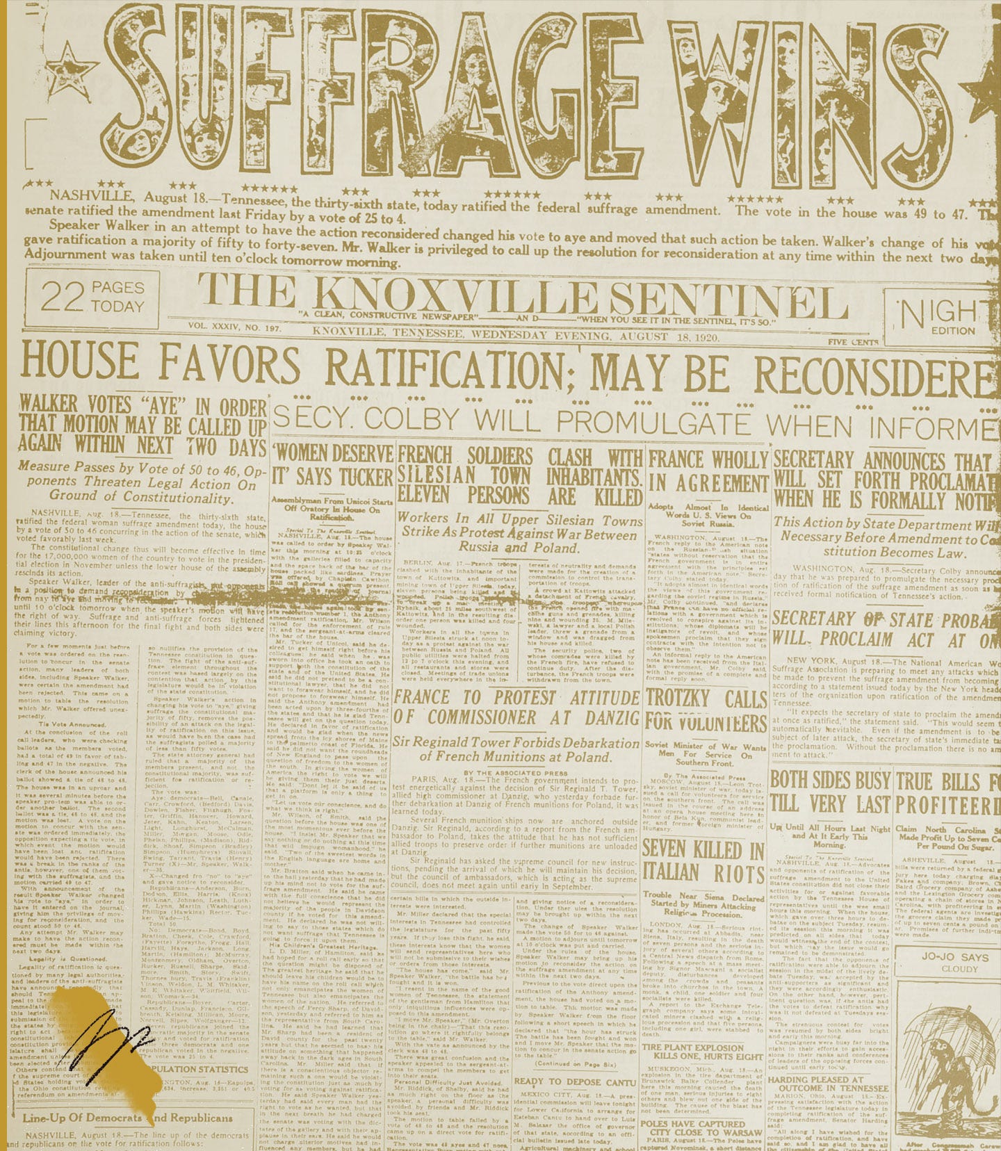 The Aug. 18, 1920 edition of the Knoxville Sentinel the proclaims victory for the suffrage movement. (KNS Archive)