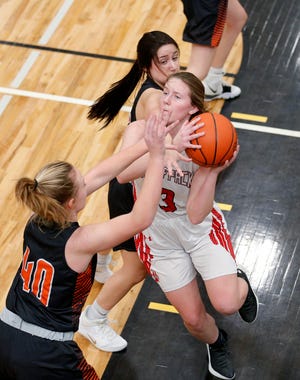 Laingsburg's Grace Graham, right, shoots and draws a foul against Stockbridge's Madison Mazuca, rear, Wednesday, March 4, 2020, in Dansville, Mich. Laingsburg won 51-39.