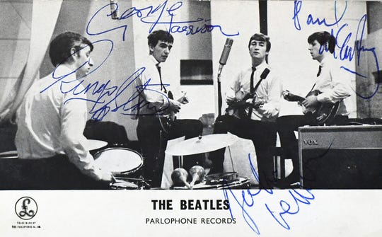 A signed, 1962 Beatles photocardâ€“one of the earliest featuring Ringo Starr, Thursday, March 5, 2020, will be auctioned during Hake's Auctions online and phone bidding auction March 11 and 12. Bill Kalina photo