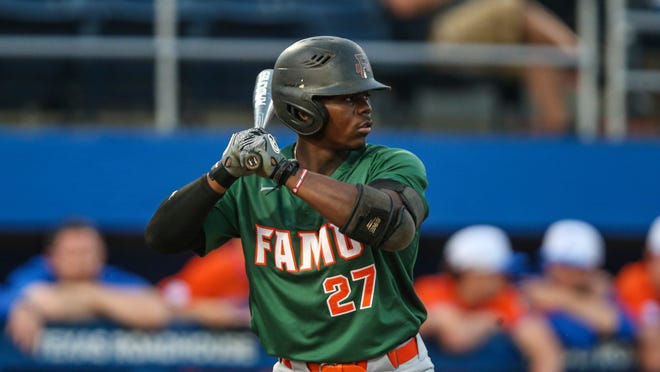 Florida A&M outfielder LJ Bryant (27) during an NCAA baseball game against Florida on Wednesday, March 4, 2020, in Gainesville, Fla. (AP Photo/Gary McCullough)