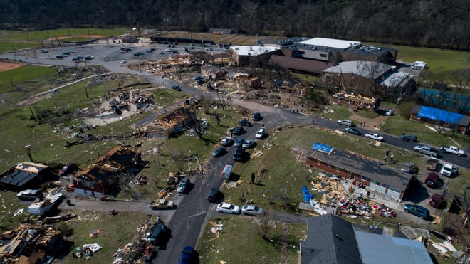 Drone images show the damage at Stanford Estates, east of Nashville.