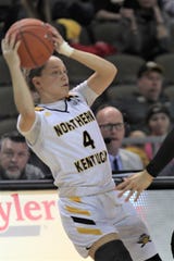 NKU sophomore Taylor Clos makes a tough pass as Northern Kentucky University women's basketball team defeated Milwaukee 78-58 in the quarterfinals of the Horizon League Tournament March 5, 2020 at BB&T Arena, Highland Heights, Ky.
