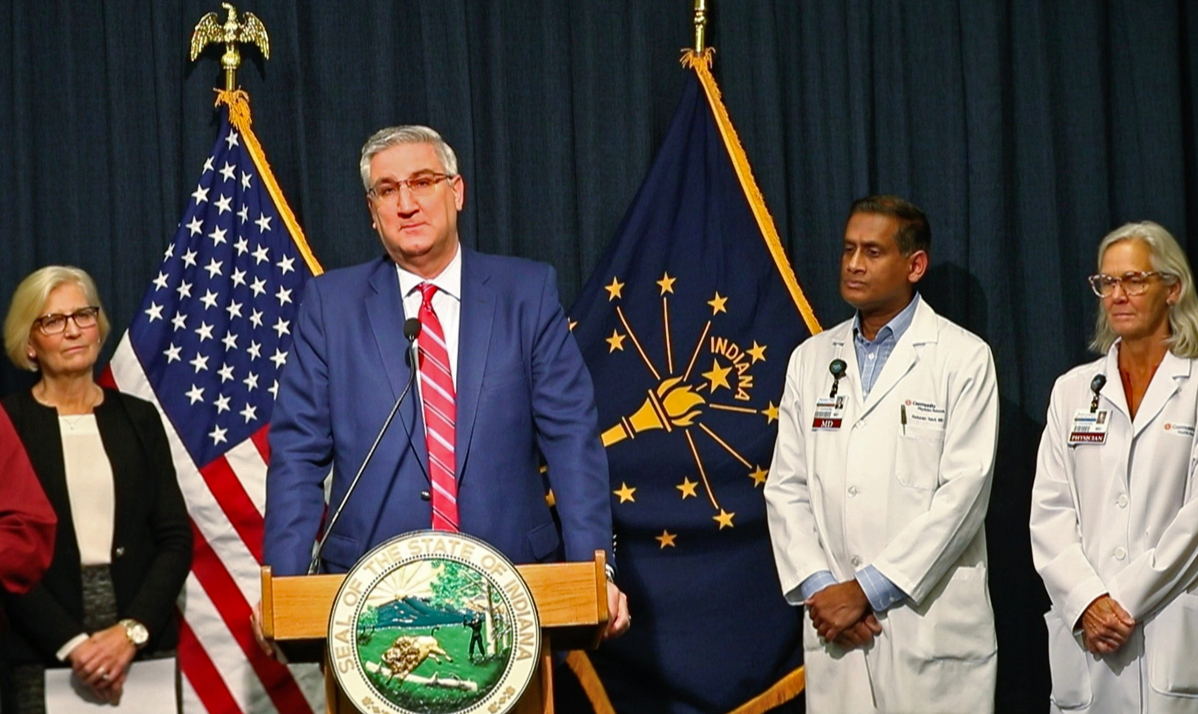 Gov. Eric Holcomb announces during a press conference at the Indiana Statehouse that the first case of COVID-19 has been diagnosed in Indiana.