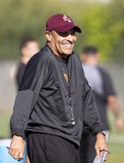 ASU head coach Herm Edwards has a laugh during spring football practice at Kajikawa Practice Facility in Tempe on March 6, 2020.