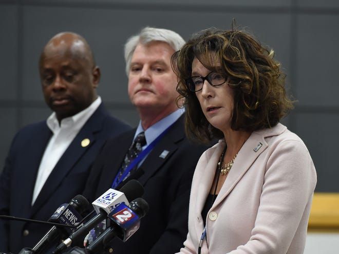 Interim superintendent Kristen McNeill, right, answers questions at the press conference on the Coronavirus case in the Reno on Friday March 6, 2020. Next to her is Washoe County District Health Officer Kevin Dick, center, and Washoe County Manager Eric Brown. 